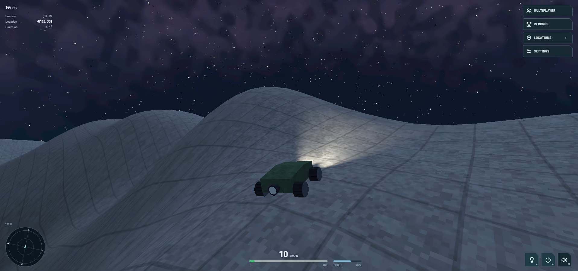 Planet Zero Drive gameplay showing the rover, procedural terrain, headlights, navigation radar, and driving controls