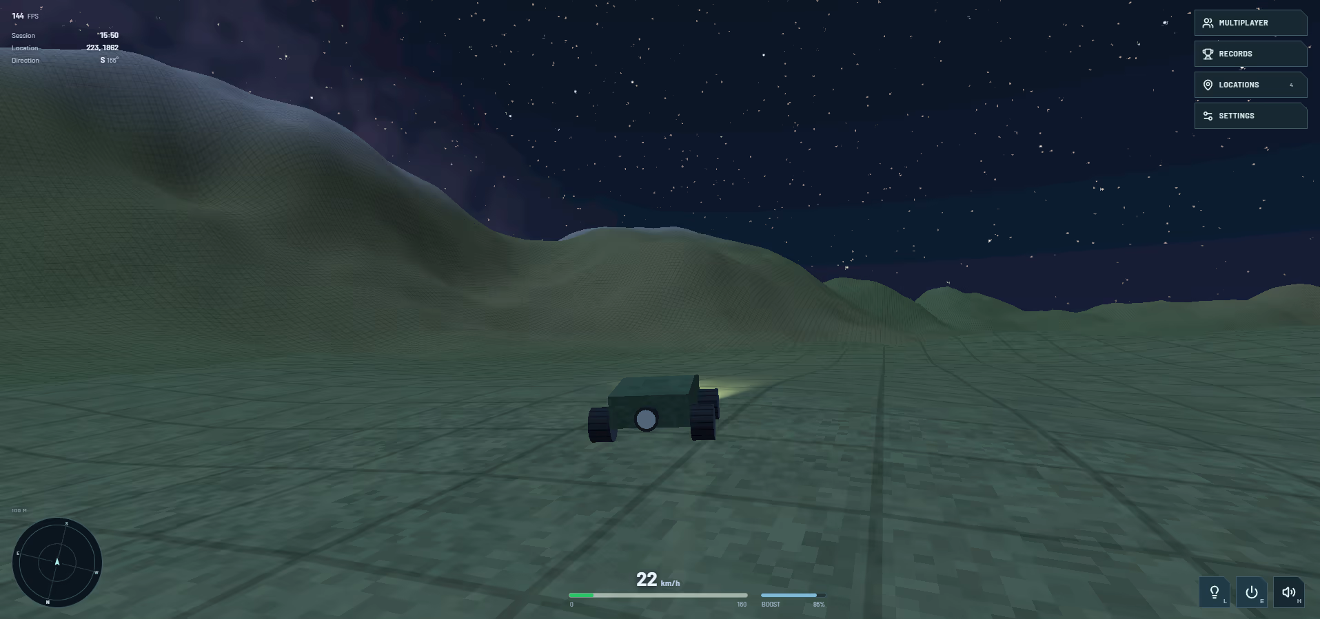 Planet Zero Drive terrain with rolling green hills, a continuous grid, and the rover under a starry sky