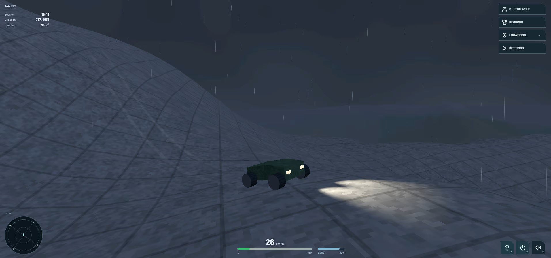 Planet Zero Drive weather showing rain, cloud cover, fog, and the rover's headlights illuminating the terrain